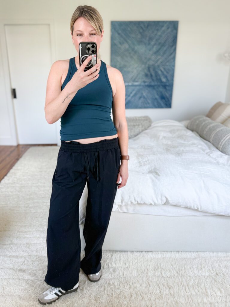 Beyond Yoga Peak pant shown with the waistband folded over for a lower rise