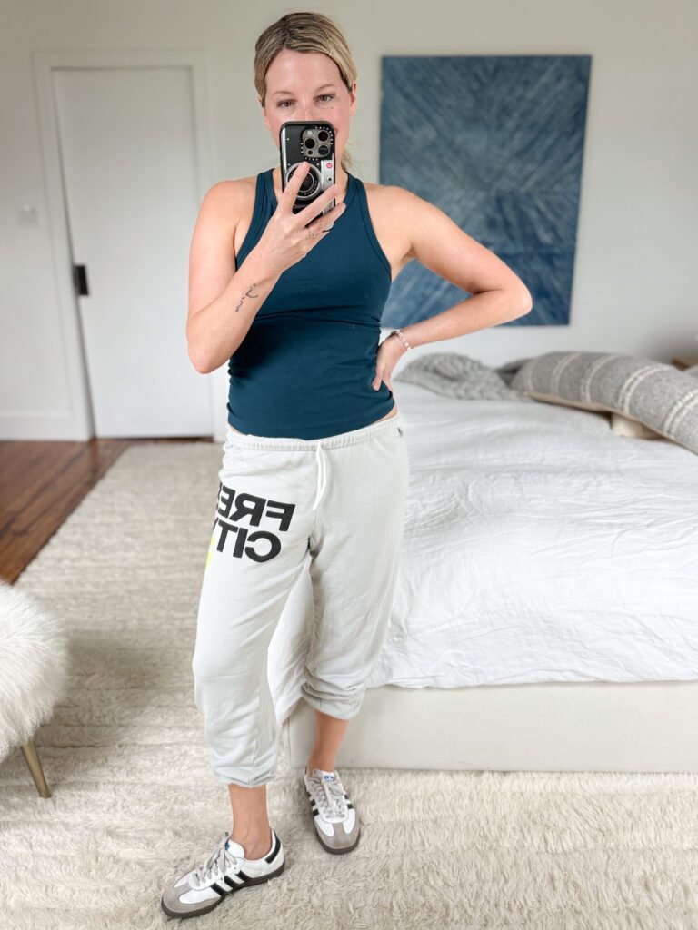 FreeCity hand-dyed 100% cotton sweatpants in a slouchy, lightweight terry for hot-weather workouts