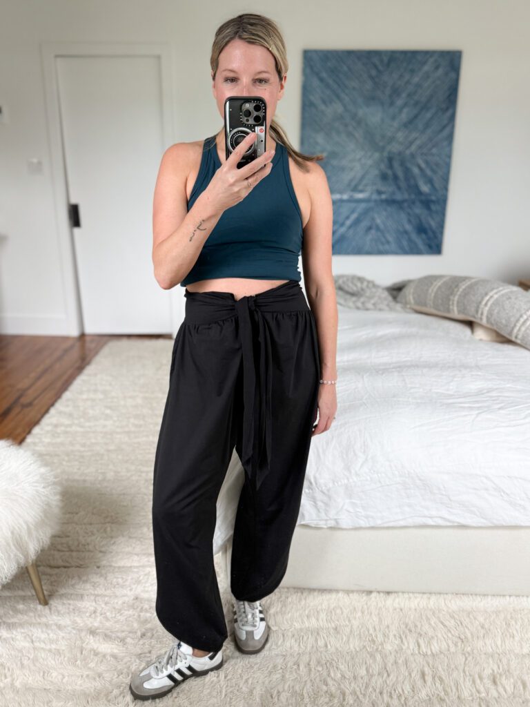 Free People Retreat yoga pants in a soft cottony fabric with a tie waist, front view