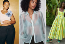 We Found It In Plus Size: The Best Brands & Pieces For Fall Three-image fashion collage: a floral-shoulder tank with black seersucker pants, a mint green sheer button-down blouse, and a yellow and green striped button-front maxi dress styled with teal platform mary janes.