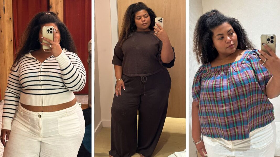 kat-collective-fall-haul-2026-fi Three-panel collage of a plus-size woman trying on fall clothing in dressing rooms: a striped zip-up cardigan with white pants, a brown cotton matching set, and a plaid button-up top.
