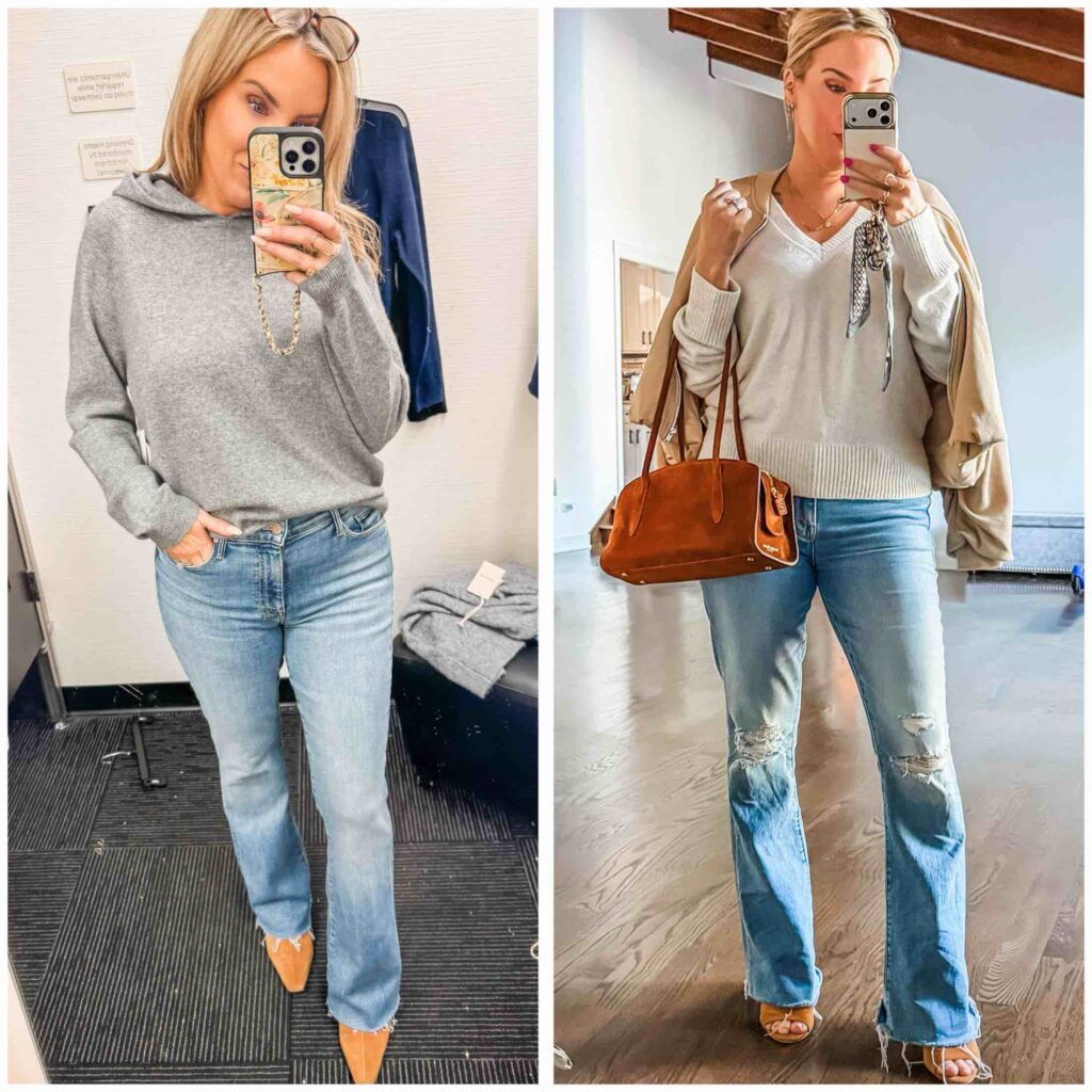 MOTHER Weekender flare jeans styled two ways, with a hoodie and boots and with a sweater and bag